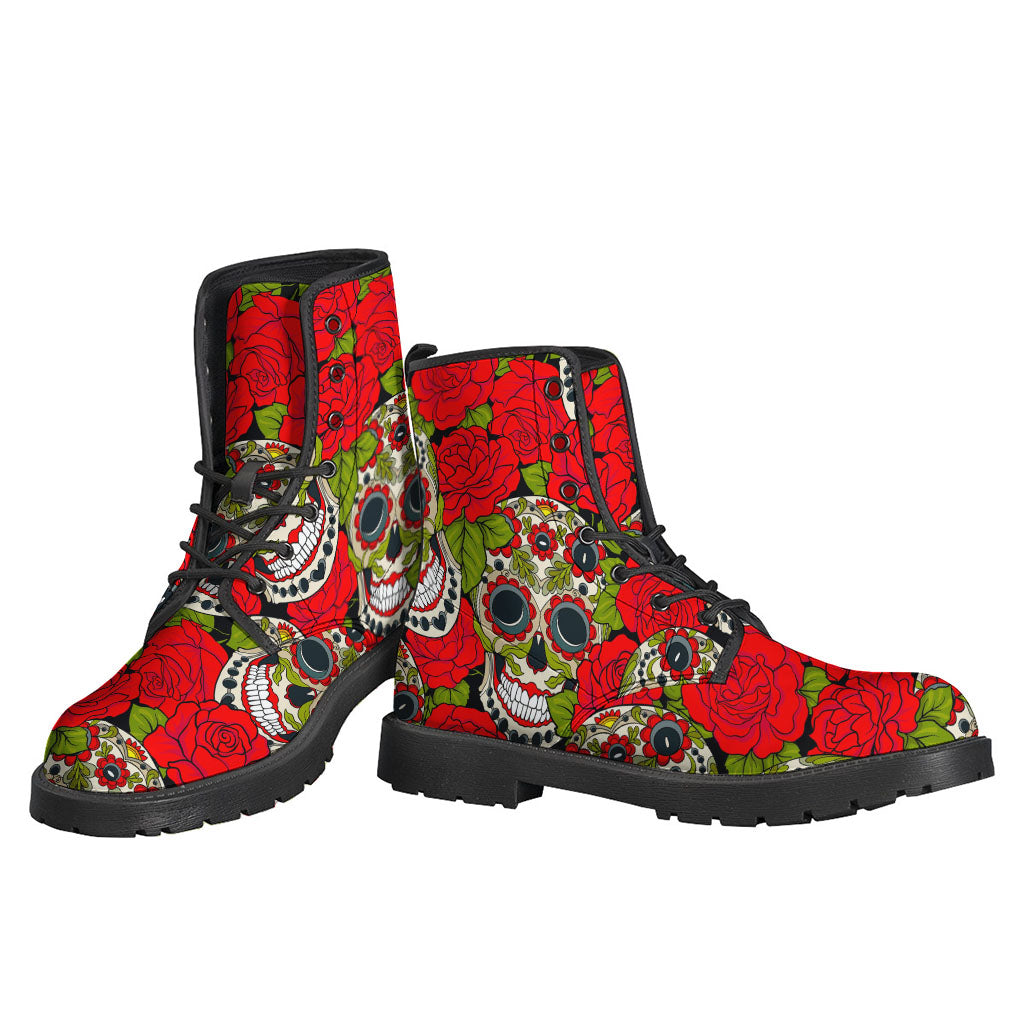 Groovy Leather Lightweight Boots with Rose Floral Sugar Skull Pattern - 3