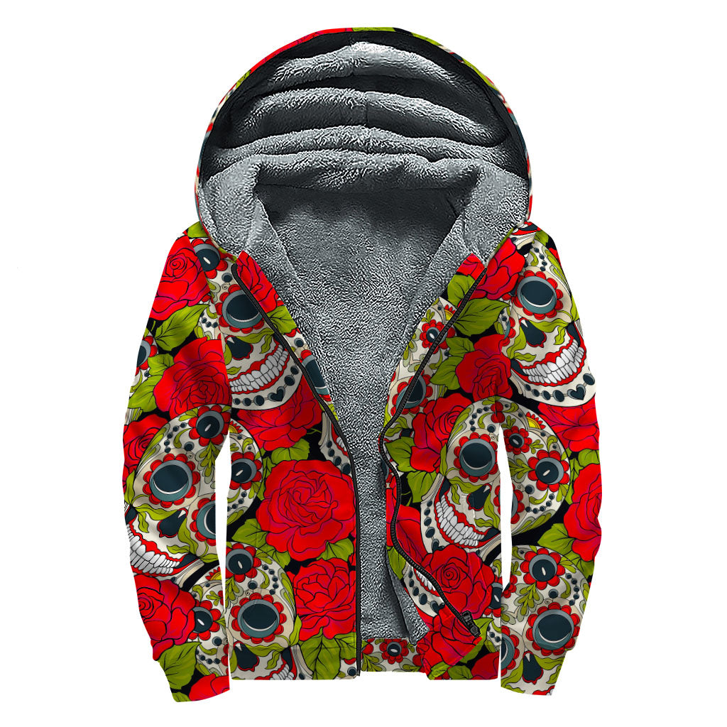 Rose Floral Sugar Skull Sherpa Lined Zip Up Hoodie for Free-Spirited Hippies - 1