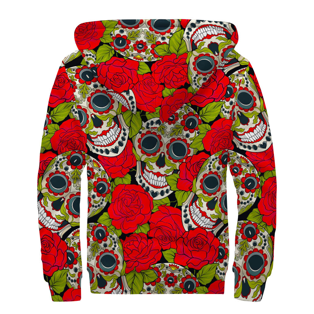 Rose Floral Sugar Skull Sherpa Lined Zip Up Hoodie for Free-Spirited Hippies - 2