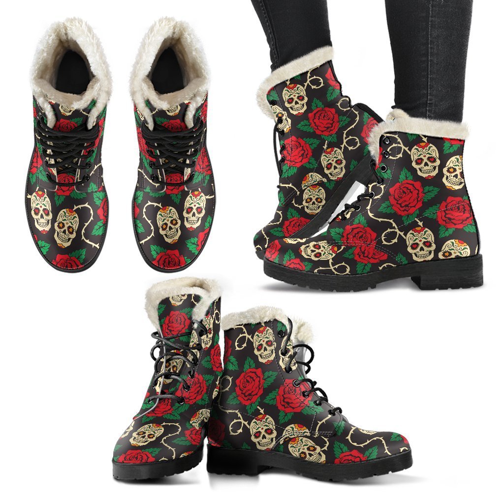 Rose Flower Sugar Skull Faux Fur Leather Boots: Embrace Your Inner Hippie Style - 2