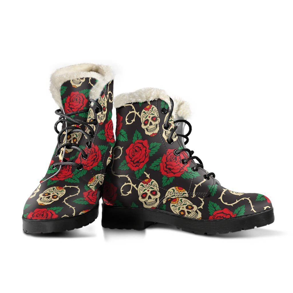 Rose Flower Sugar Skull Faux Fur Leather Boots: Embrace Your Inner Hippie Style - 3