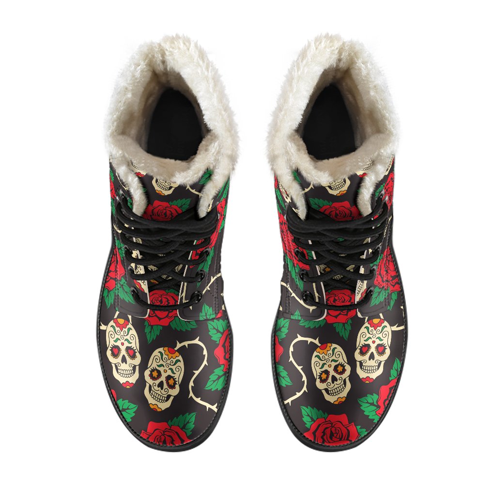 Rose Flower Sugar Skull Faux Fur Leather Boots: Embrace Your Inner Hippie Style - 4