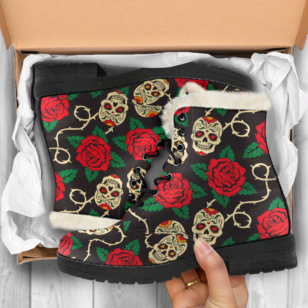 Rose Flower Sugar Skull Faux Fur Leather Boots: Embrace Your Inner Hippie Style - 5