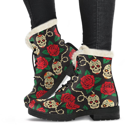 Rose Flower Sugar Skull Faux Fur Leather Boots: Embrace Your Inner Hippie Style - 1