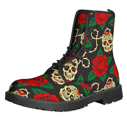 Groovy Rose Flower Sugar Skull Leather Boots for Peaceful Hippies - 1