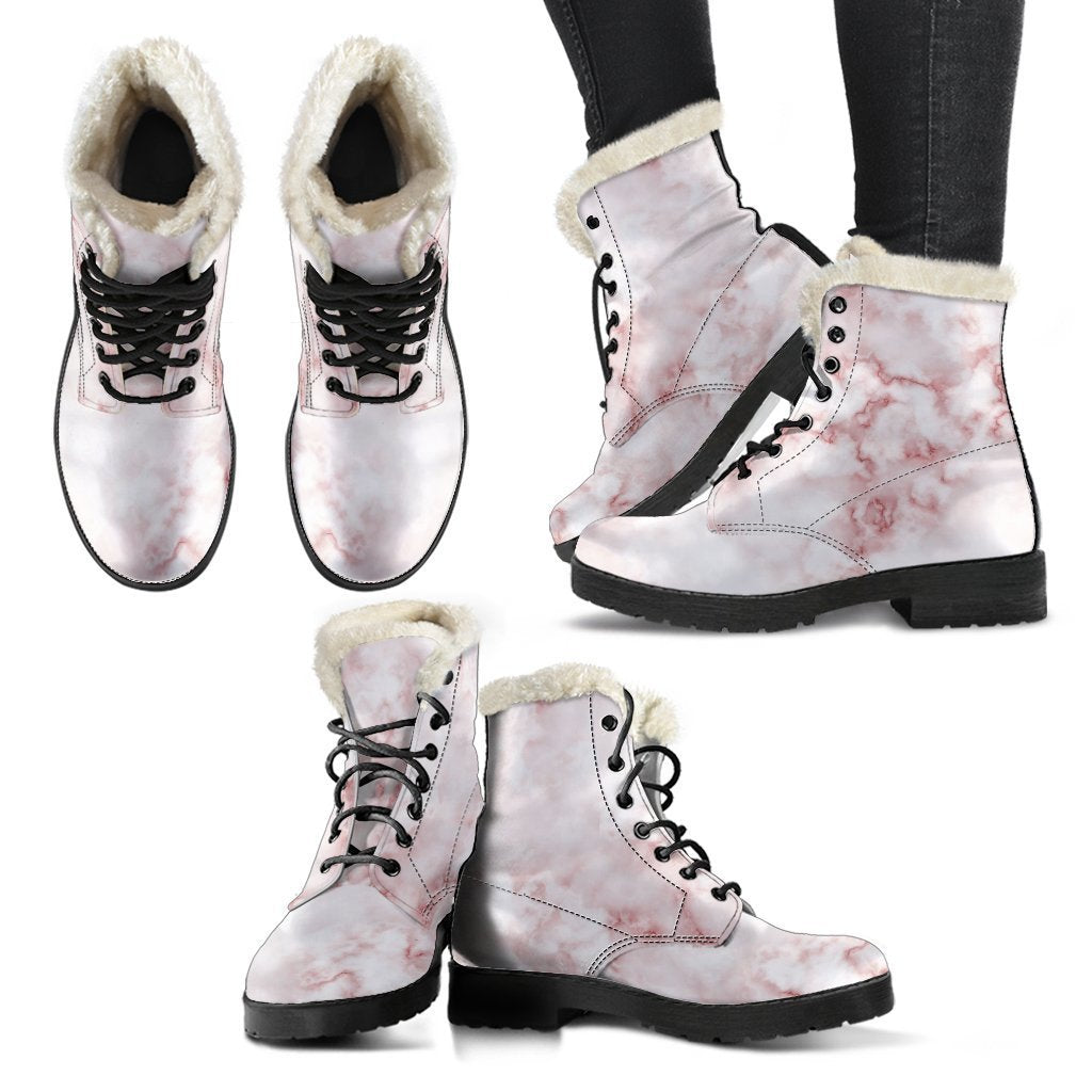 Rose Pink Marble Print Faux Fur Leather Boots for Groovy Hippies - 2