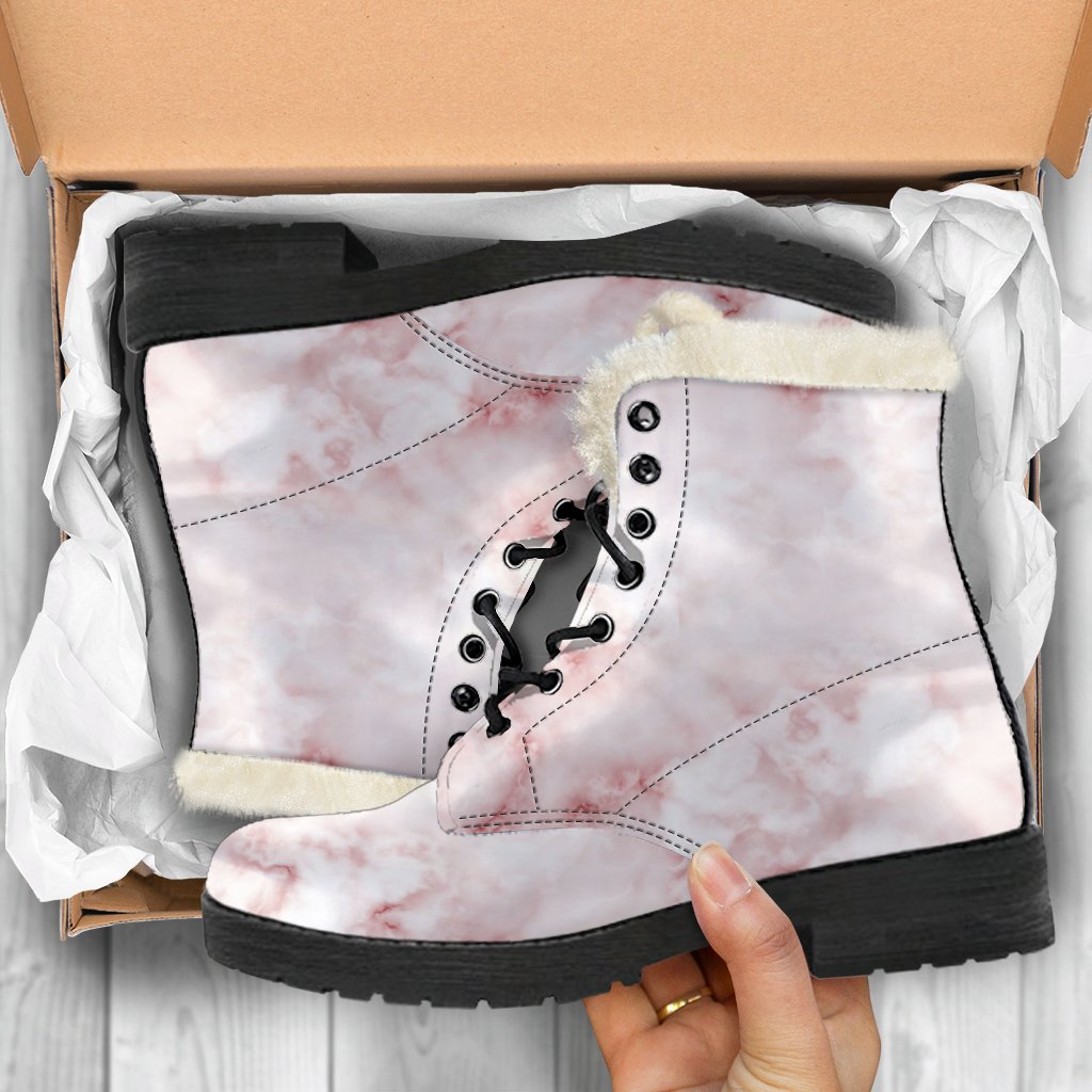 Rose Pink Marble Print Faux Fur Leather Boots for Groovy Hippies - 5