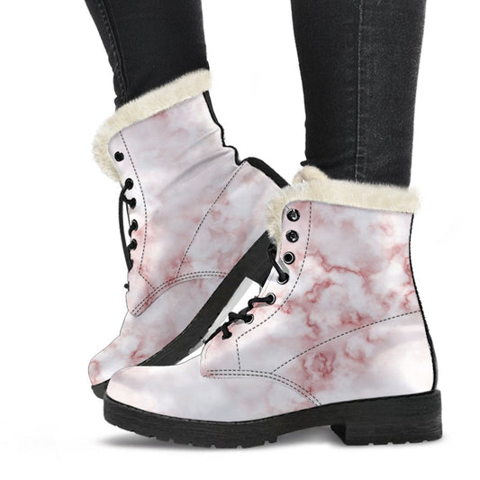 Rose Pink Marble Print Faux Fur Leather Boots for Groovy Hippies - 1