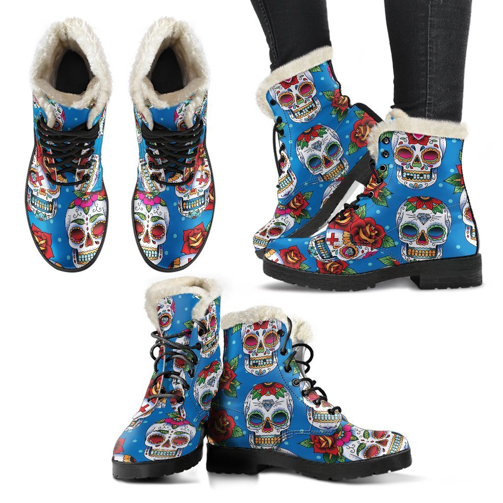 Rose Sugar Skull Faux Fur Leather Boots: Embracing the Hippie Style - 2