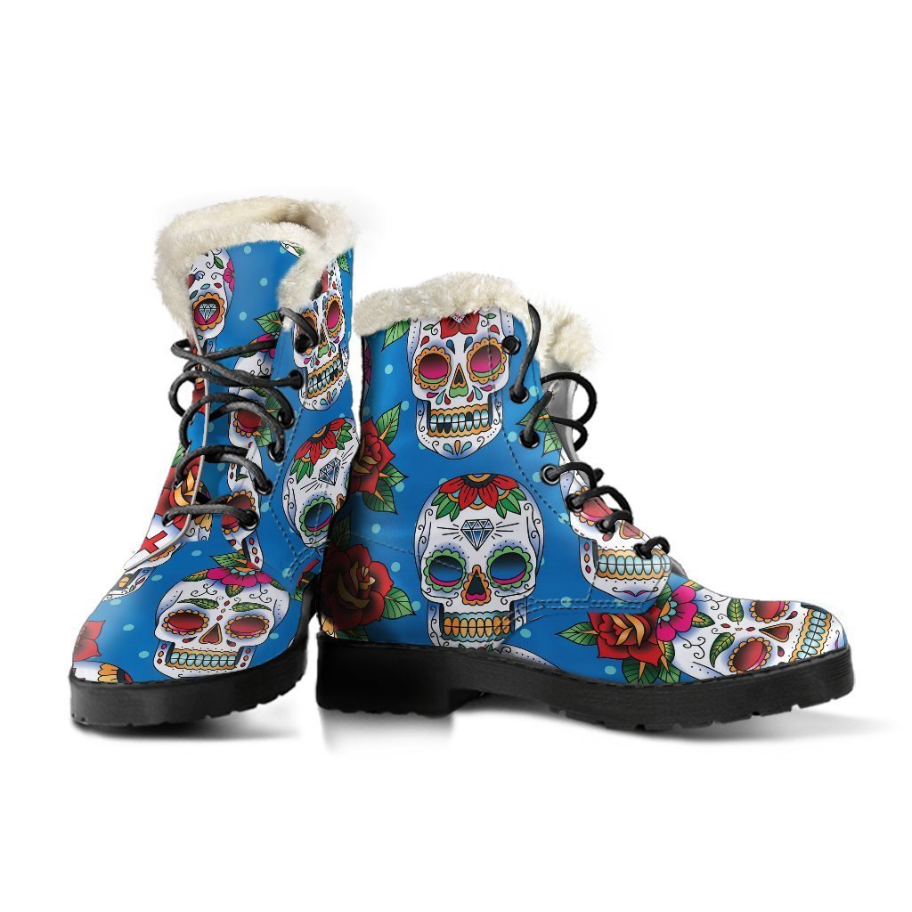 Rose Sugar Skull Faux Fur Leather Boots: Embracing the Hippie Style - 3