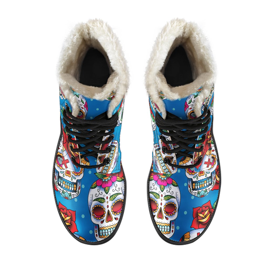 Rose Sugar Skull Faux Fur Leather Boots: Embracing the Hippie Style - 4