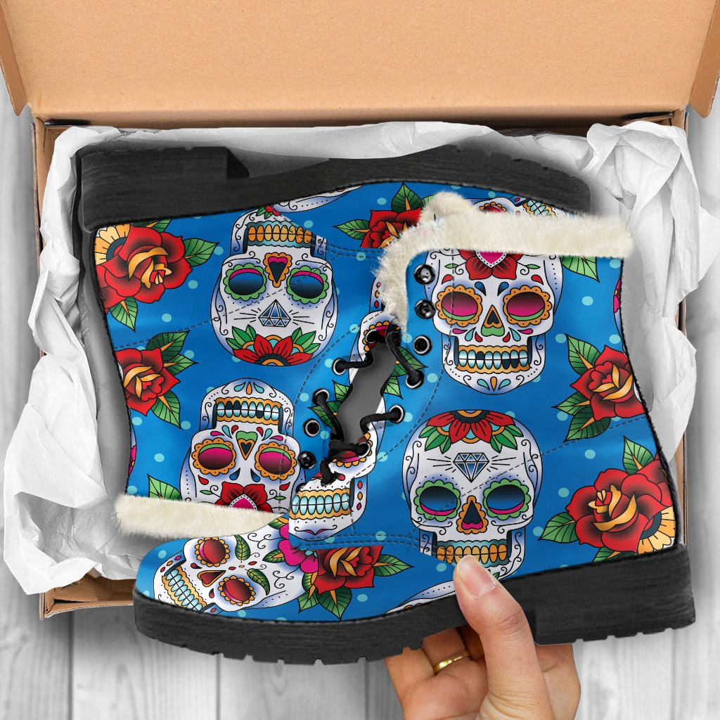 Rose Sugar Skull Faux Fur Leather Boots: Embracing the Hippie Style - 5