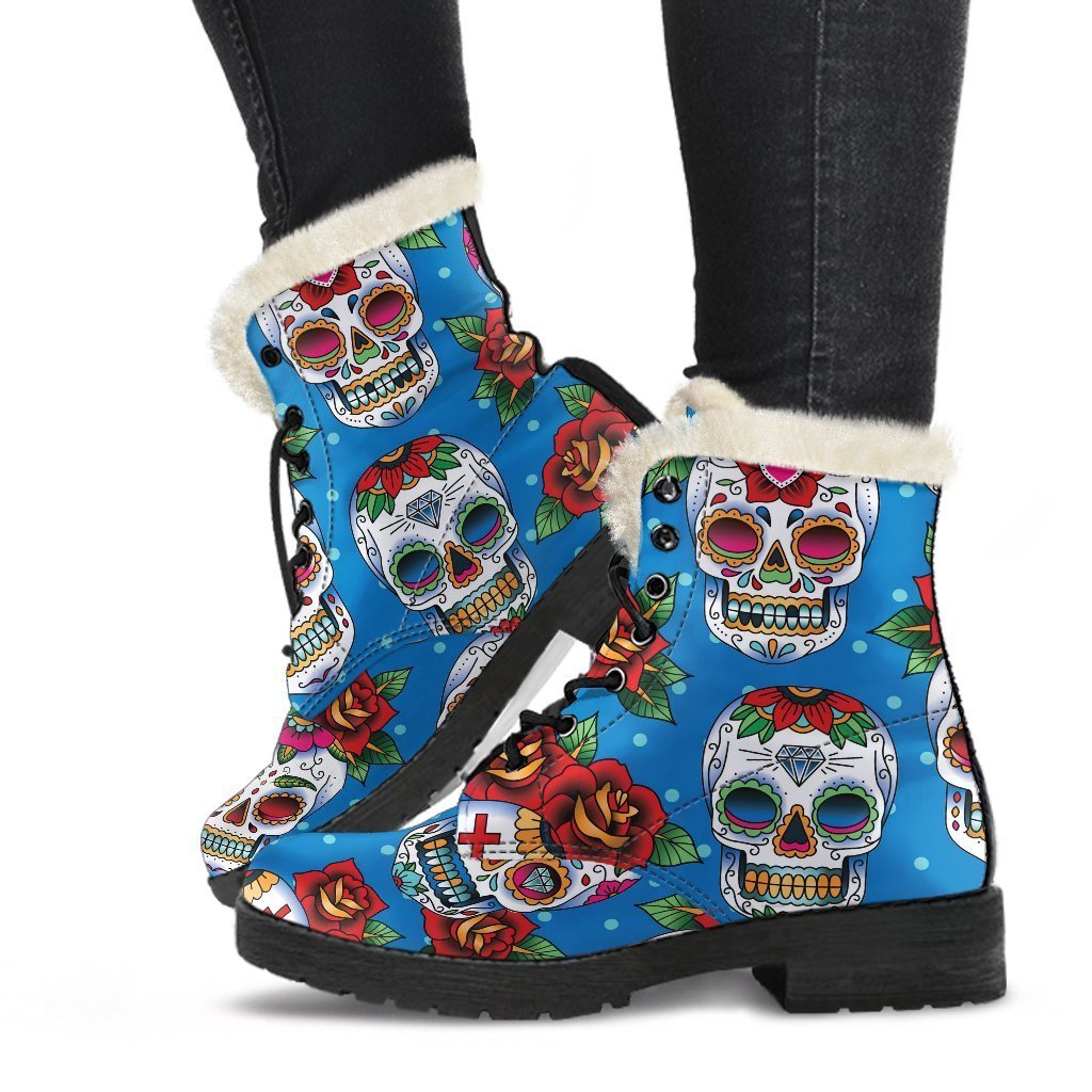 Rose Sugar Skull Faux Fur Leather Boots: Embracing the Hippie Style - 1