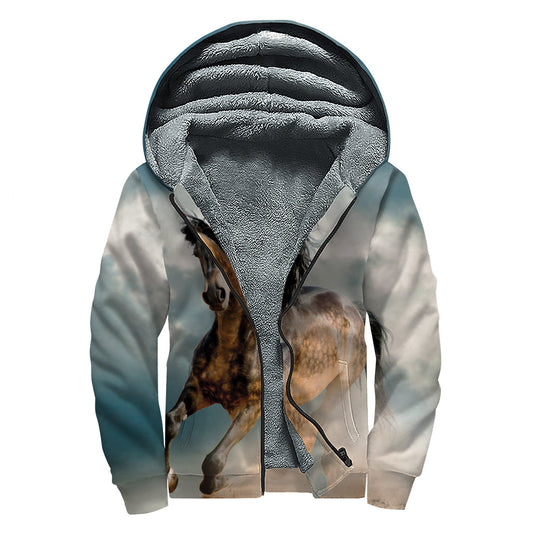 Running Wild Stallion Horse Print Hippies Sherpa Lined Zip Up Hoodie - 1