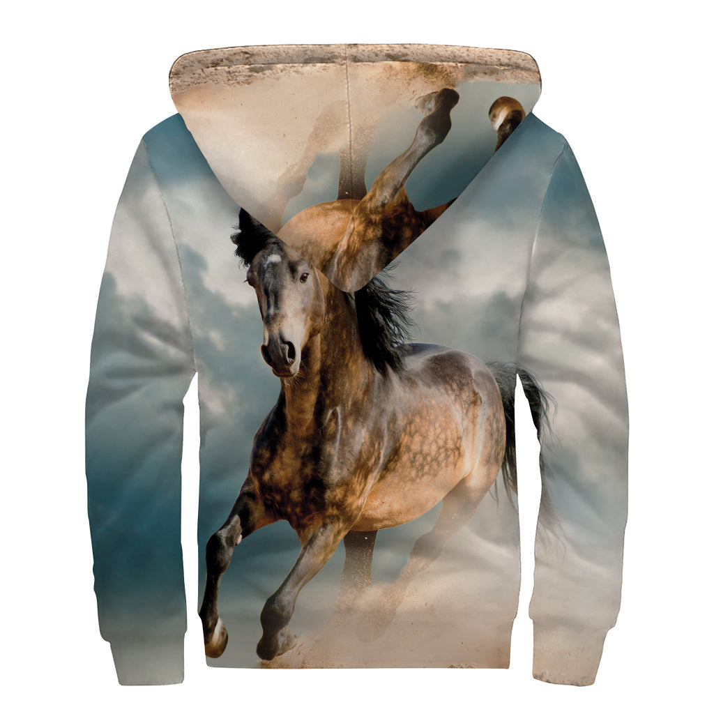 Running Wild Stallion Horse Print Hippies Sherpa Lined Zip Up Hoodie - 2