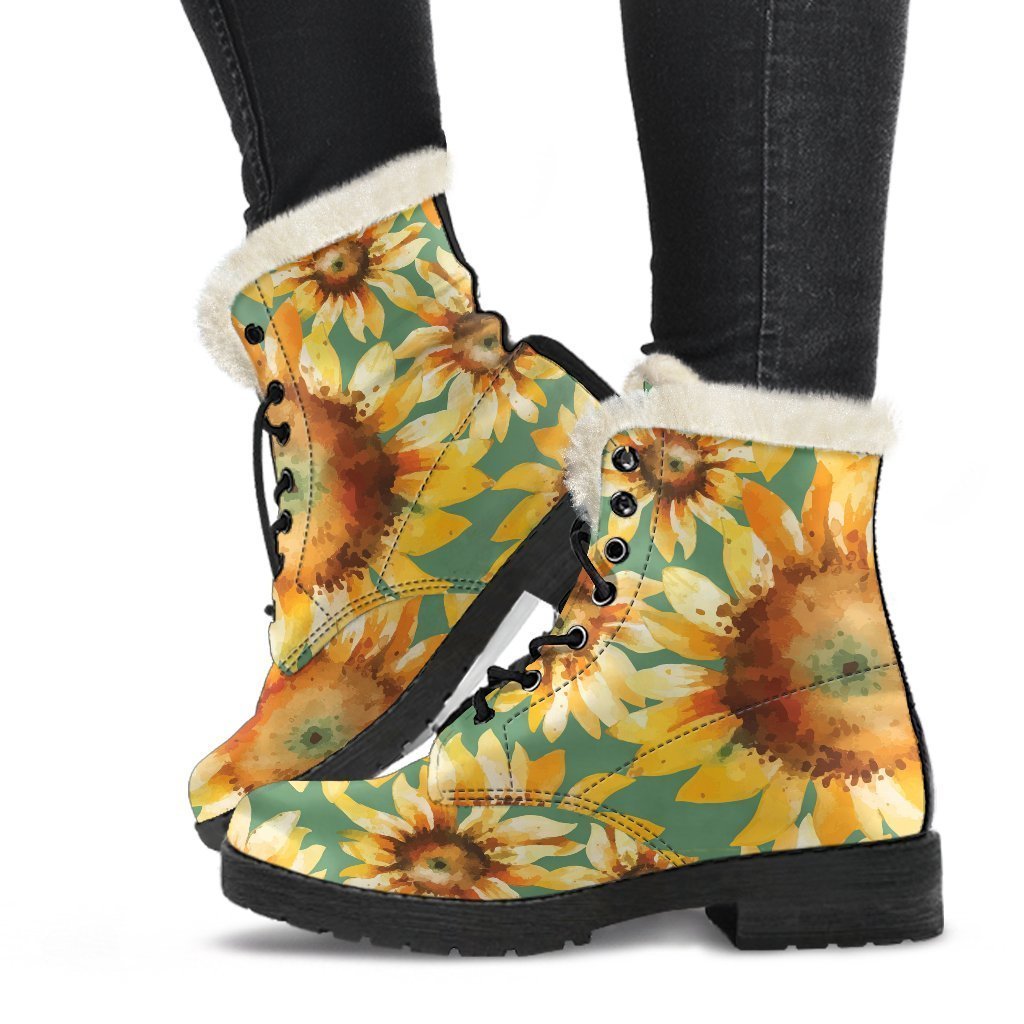 Sunflower Dreams: Faux Fur Leather Boots for the Free-Spirited Hippie - 1