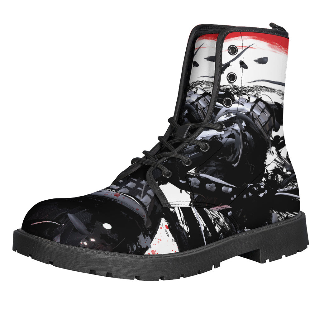 Samurai and Crow Print Leather Boots: A Groovy Twist for Hippie Style - 1