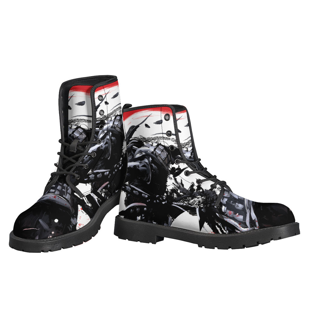 Samurai and Crow Print Leather Boots: A Groovy Twist for Hippie Style - 3