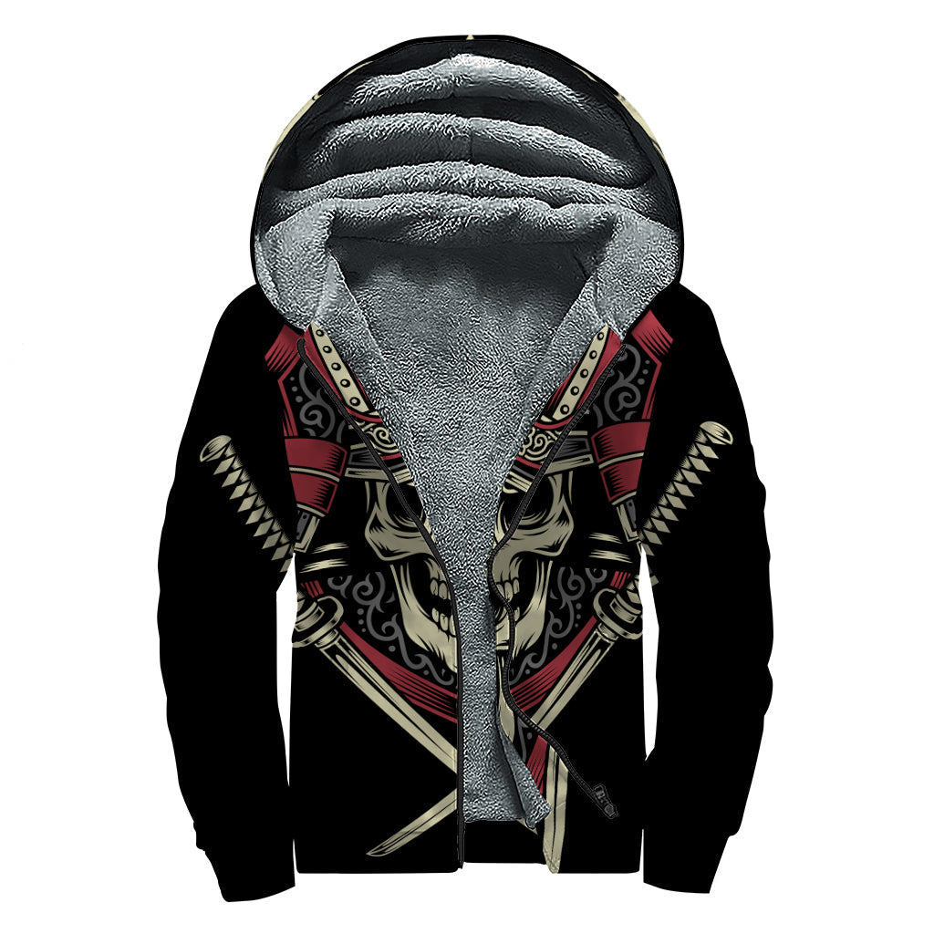 Groovy Samurai Warrior Skull Print Sherpa Lined Zip Up Hoodie - 1