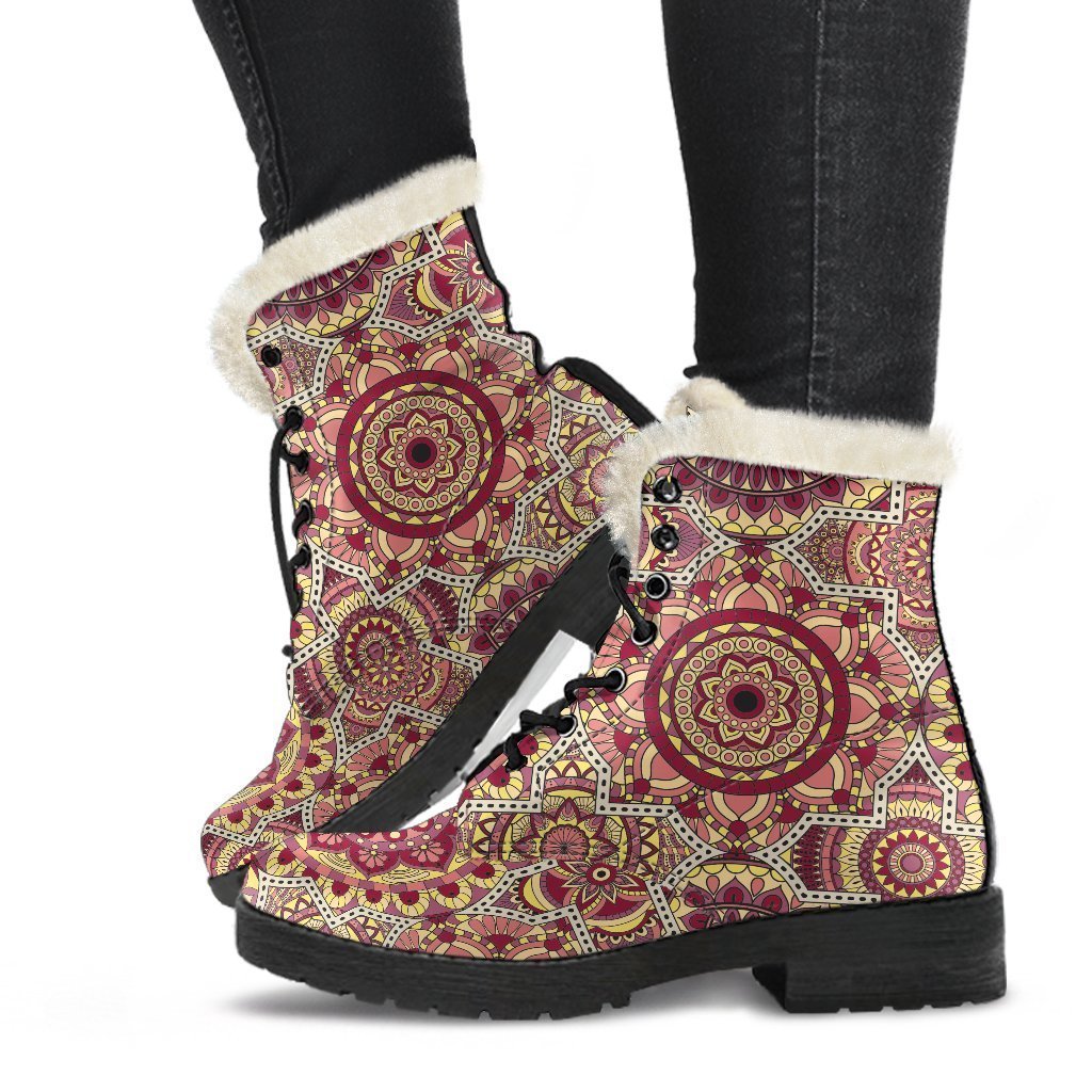 Sangria Mandala Bohemian Faux Fur Leather Boots for the Free-Spirited Hippie - 1