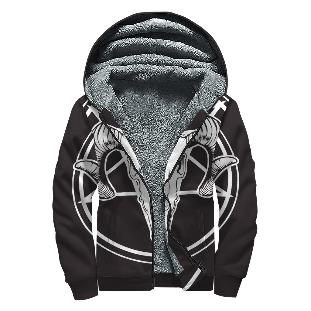 Satanic Goat Skull Pentagram Print Sherpa Lined Zip Up Hoodie - 1