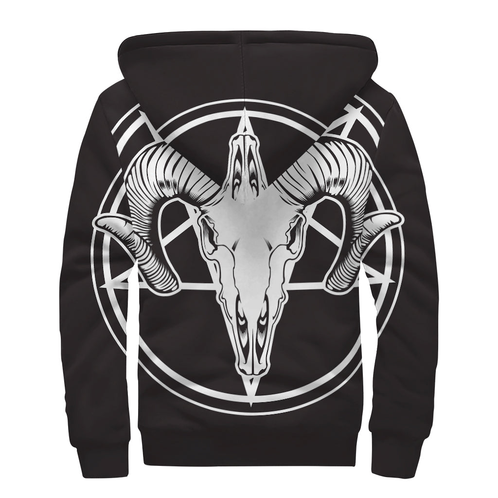 Satanic Goat Skull Pentagram Print Sherpa Lined Zip Up Hoodie - 2