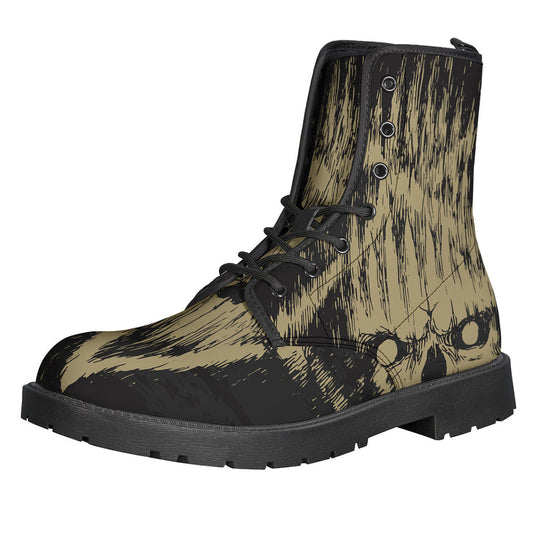 Satanic Pentagram Skull Print Leather Hippie Boots - 1