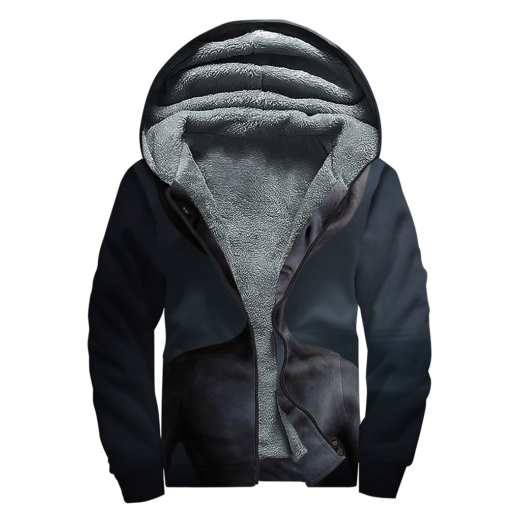 Scary Grey Alien Sherpa Lined Zip Up Hoodie - 1