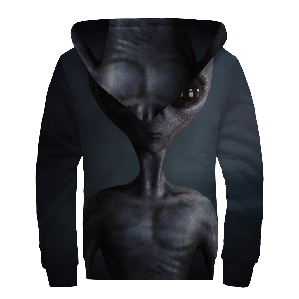 Scary Grey Alien Sherpa Lined Zip Up Hoodie - 2