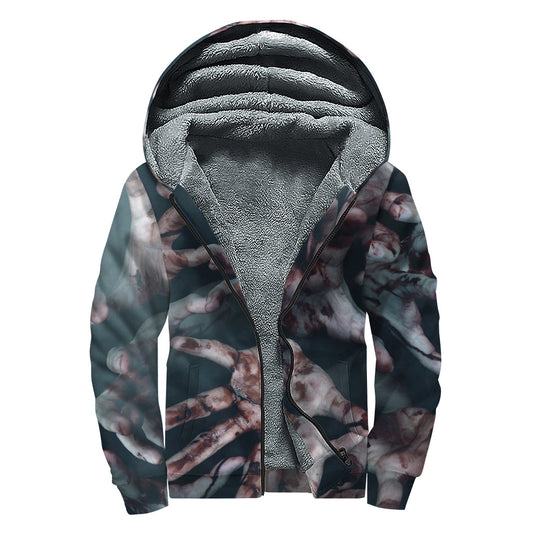 Scary Zombie Hands Print Sherpa Lined Zip Up Hoodie - Embrace Your Inner Hippie Vibes! - 1