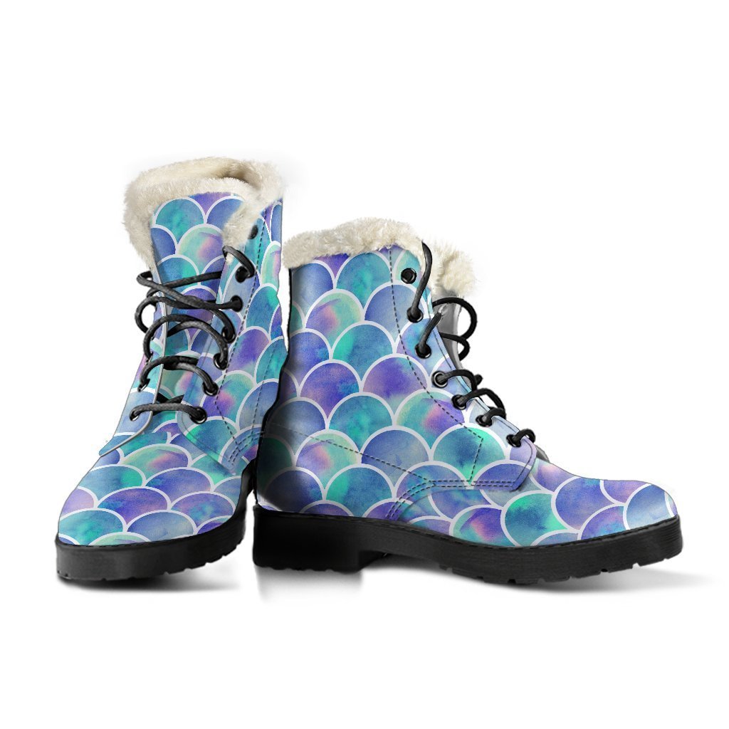 Sea Blue Mermaid Scales Faux Fur Leather Boots: Embrace Your Inner Hippie Style - 3