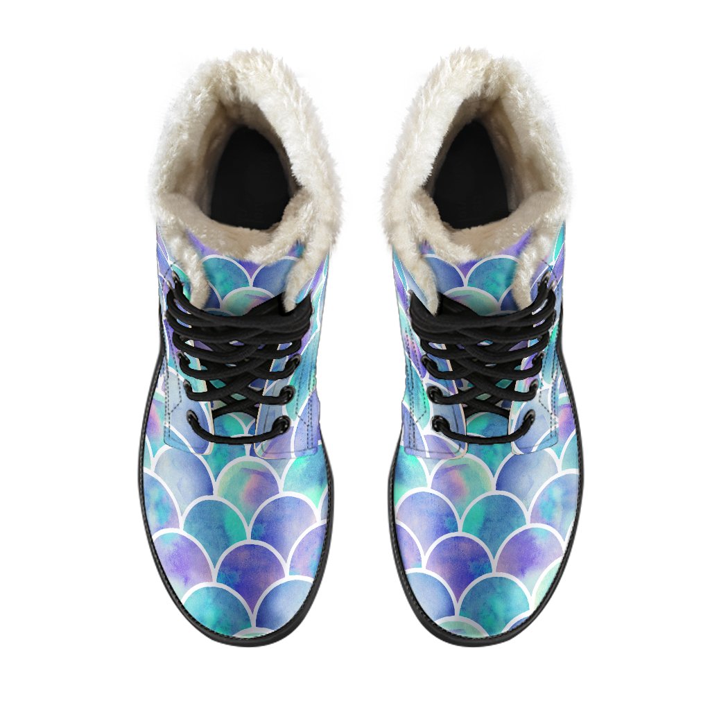 Sea Blue Mermaid Scales Faux Fur Leather Boots: Embrace Your Inner Hippie Style - 4