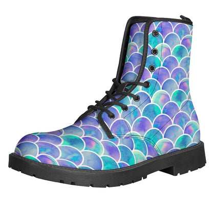 Sea Blue Mermaid Scales Pattern Leather Boots for the Free-Spirited Hippie - 1