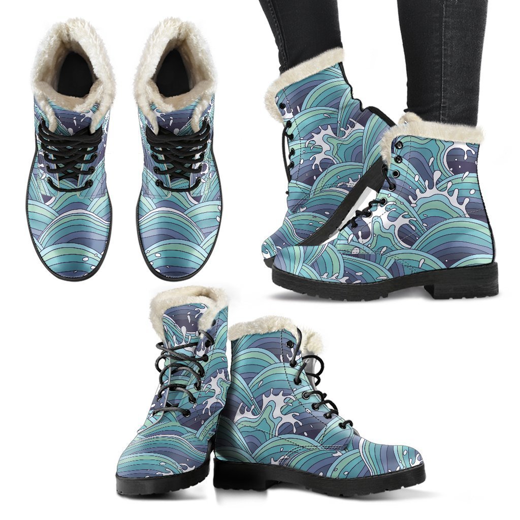 Sea Wave Surfing Pattern Faux Fur Leather Boots: Embrace Your Inner Hippie - 2