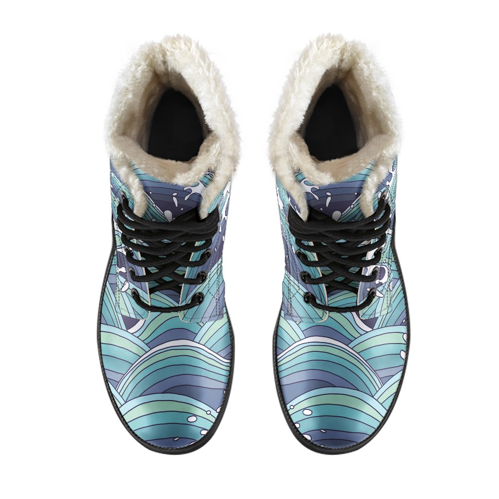 Sea Wave Surfing Pattern Faux Fur Leather Boots: Embrace Your Inner Hippie - 4