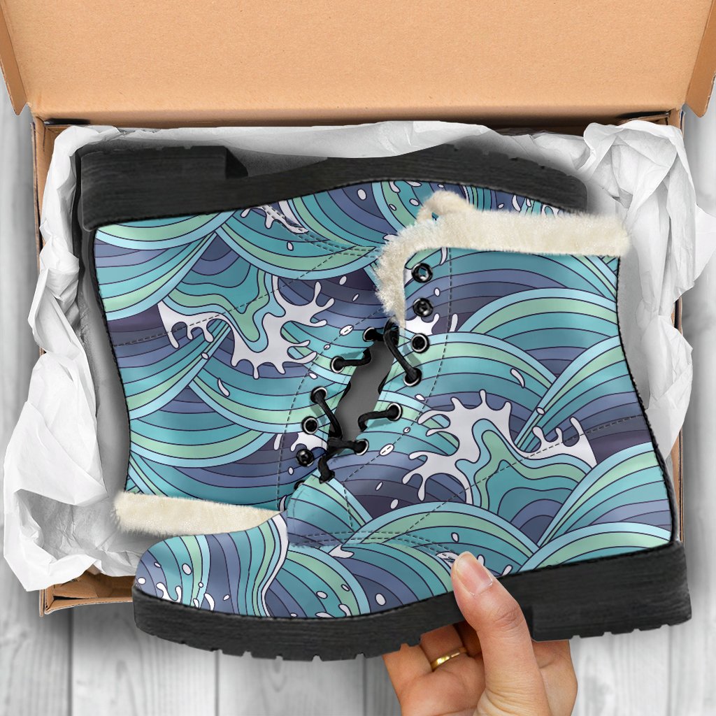 Sea Wave Surfing Pattern Faux Fur Leather Boots: Embrace Your Inner Hippie - 5