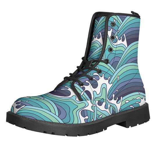 Sea Wave Surfing Pattern Print Leather Boots for Stylish Hippies - 1