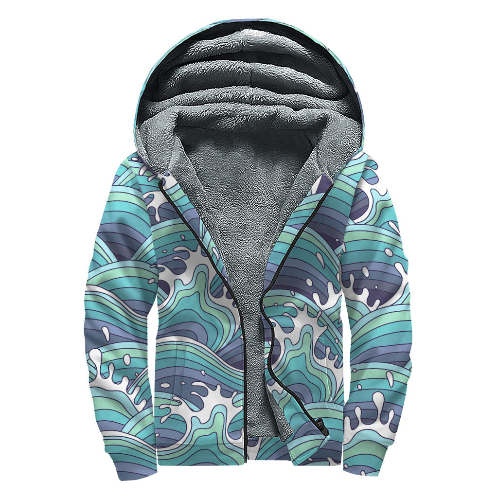 Sea Wave Surfing Sherpa Lined Zip Up Hoodie for Free-Spirited Hippies - 1