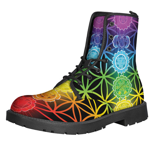 Seven Chakras Flower of Life Printed Leather Boots: Embrace Your Inner Hippie Style - 1