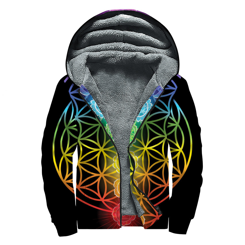 Seven Chakras Flower of Life Print Sherpa Lined Zip Up Hoodie for Groovy Hippies - 1