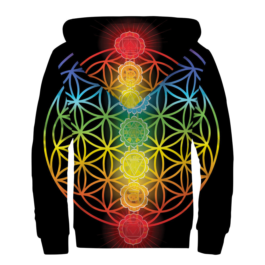 Seven Chakras Flower of Life Print Sherpa Lined Zip Up Hoodie for Groovy Hippies - 2