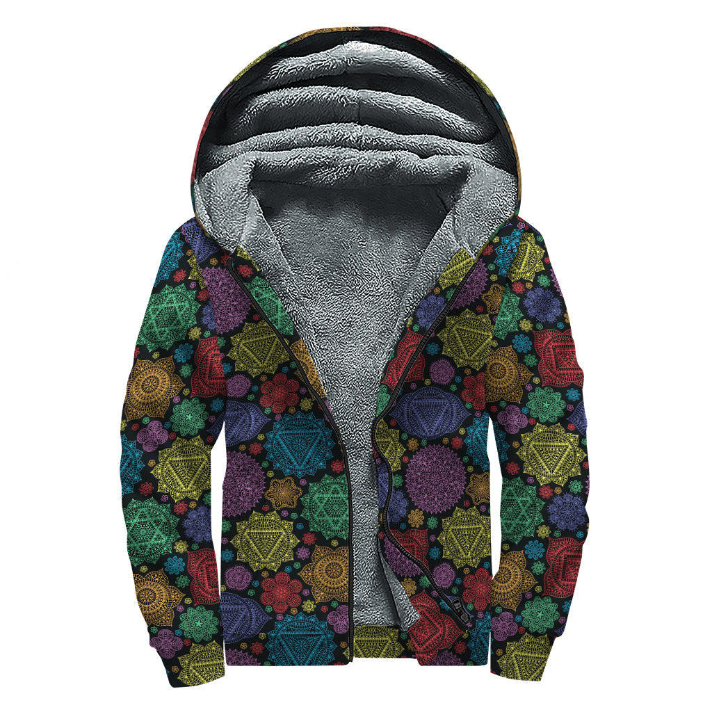 Seven Chakras Flowers Pattern Sherpa Lined Zip Up Hoodie for Groovy Hippies - 1