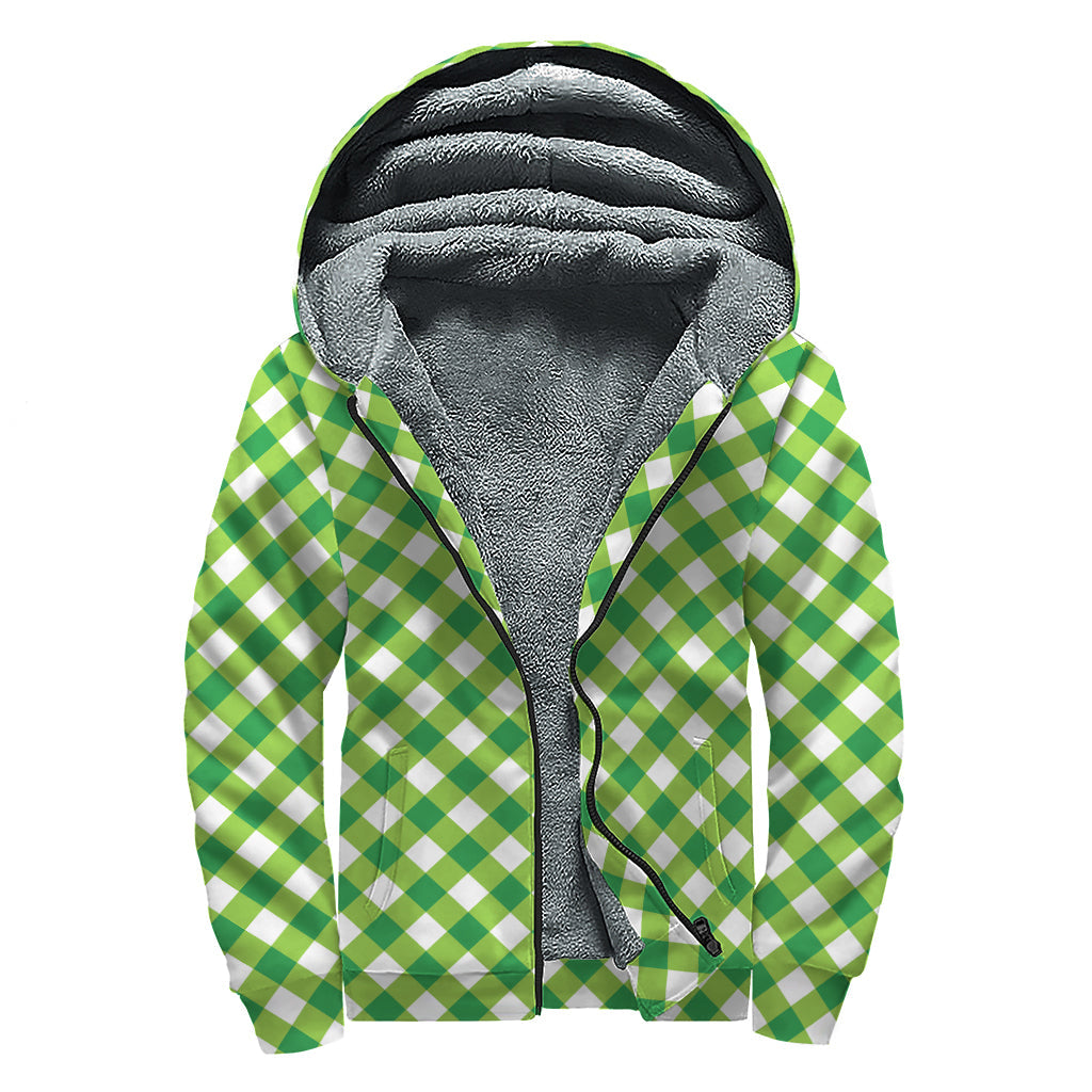 Shamrock Green Gingham Print Hippies Sherpa Lined Zip Up Hoodie - 1