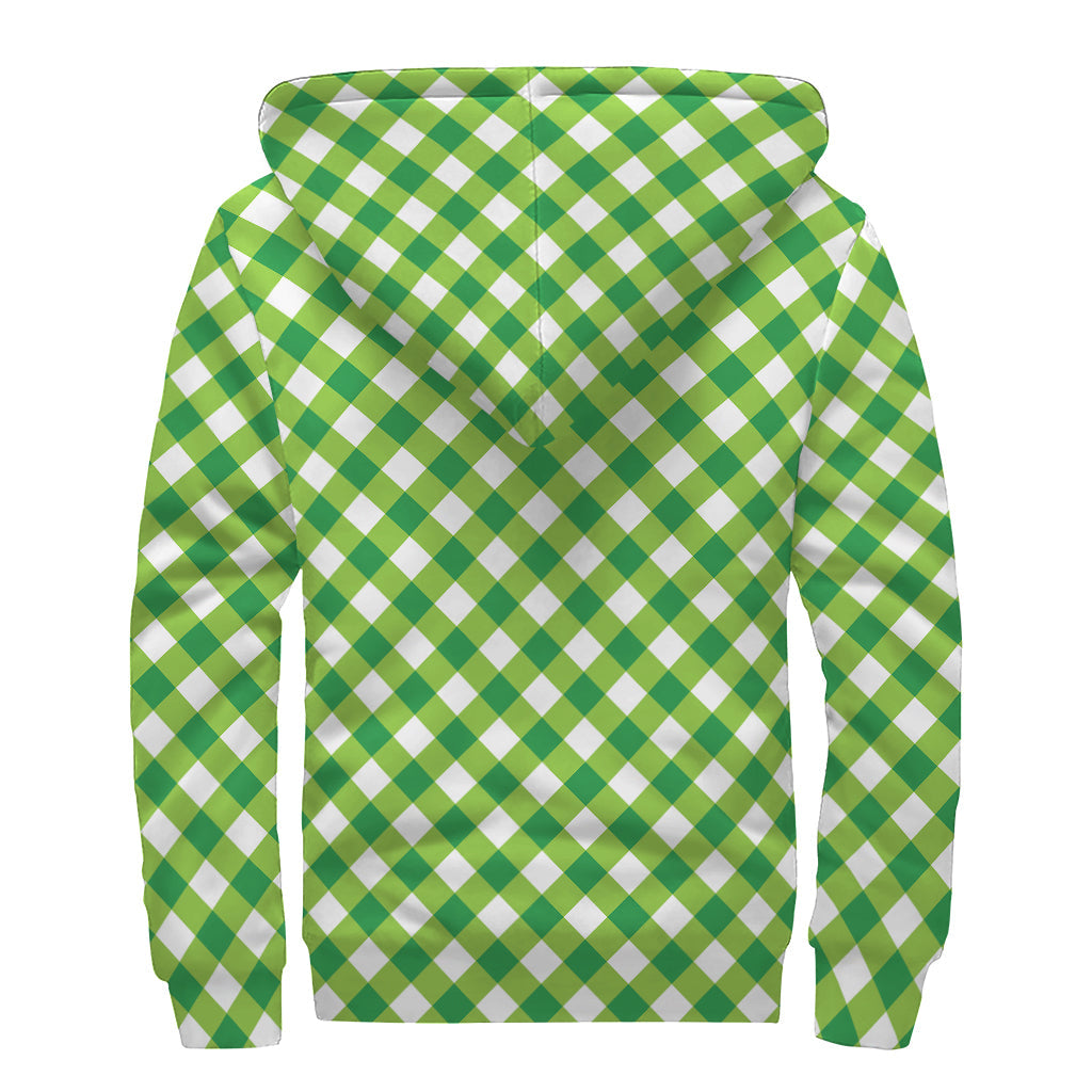 Shamrock Green Gingham Print Hippies Sherpa Lined Zip Up Hoodie - 2