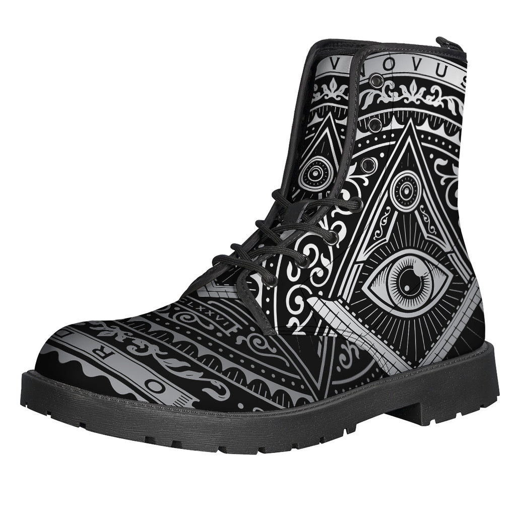 Silver and Black All-Seeing Eye Print Leather Boots: The Ultimate Hippie Footwear - 1