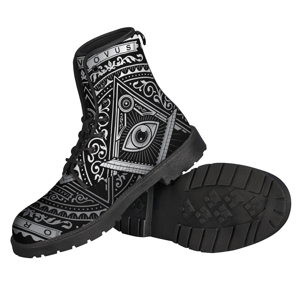 Silver and Black All-Seeing Eye Print Leather Boots: The Ultimate Hippie Footwear - 2