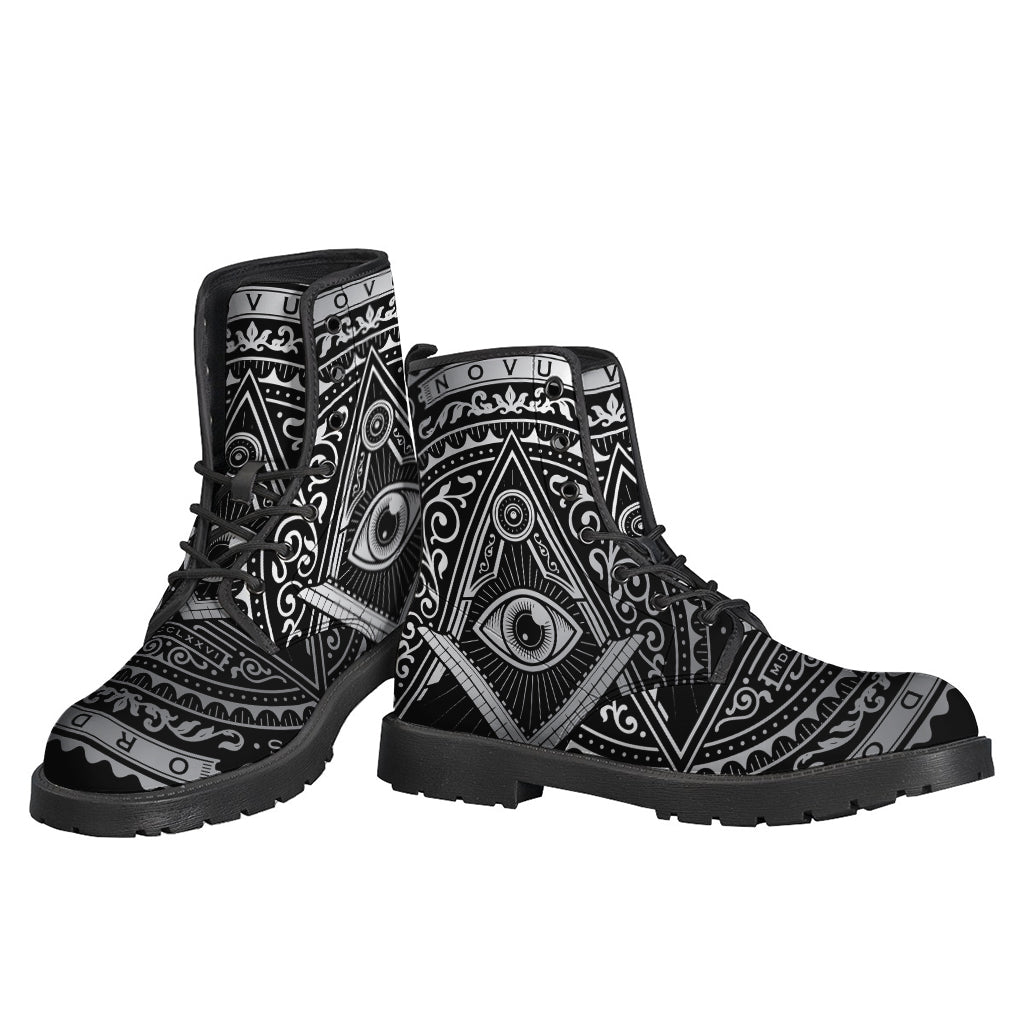 Silver and Black All-Seeing Eye Print Leather Boots: The Ultimate Hippie Footwear - 3