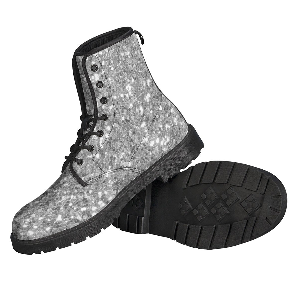 Silver Glitter Print Leather Boots for Free-Spirited Hippies - 2