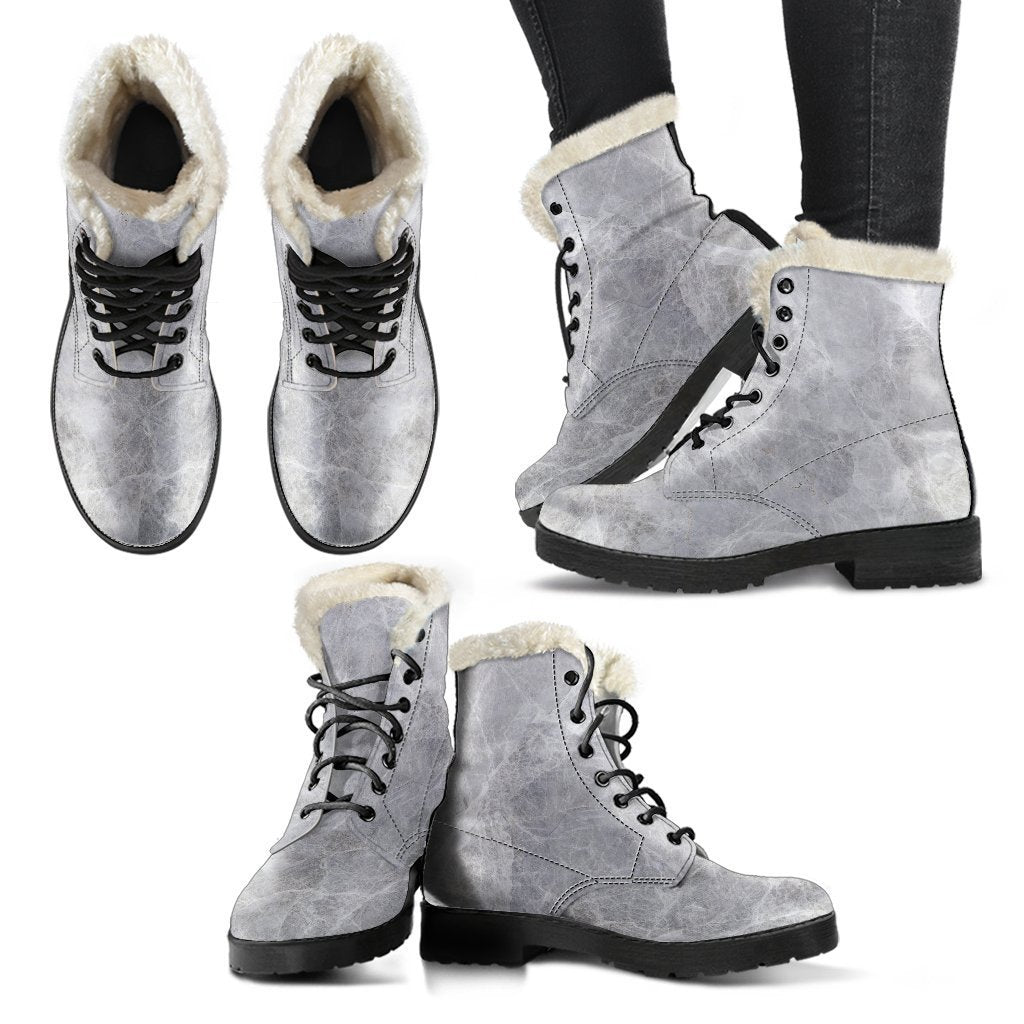 Silver Grey Marble Print Faux Fur Leather Boots: Stepping Out in Style with the Hippies - 2