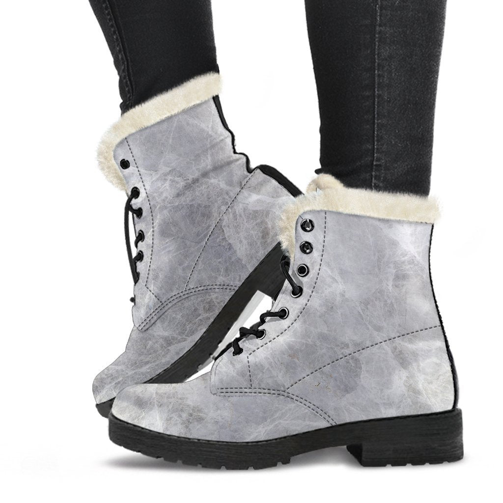 Silver Grey Marble Print Faux Fur Leather Boots: Stepping Out in Style with the Hippies - 1